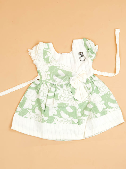 White & Green - Girls Floral Printed Ethnic Frock