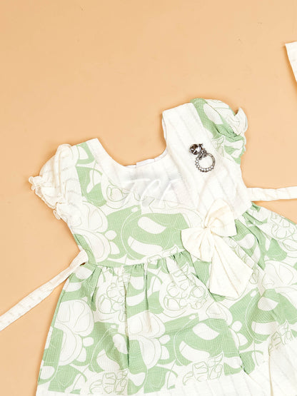 White & Green - Girls Floral Printed Ethnic Frock