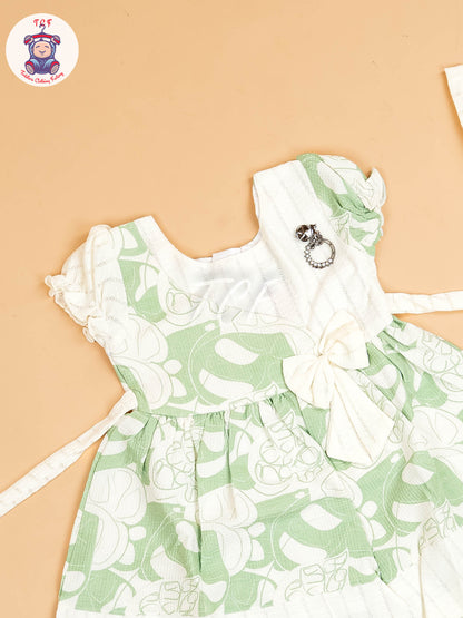 White & Green - Girls Floral Printed Ethnic Frock