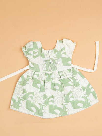 White & Green - Girls Floral Printed Ethnic Frock