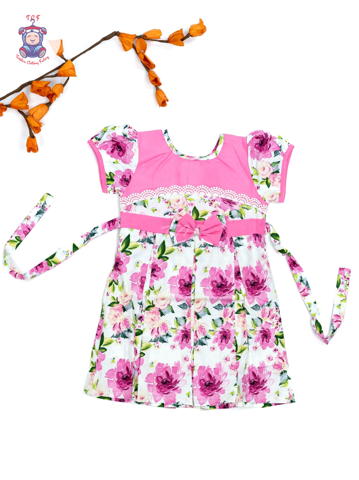 Pink & White Floral Printed - Girls Readymade Cotton Frocks