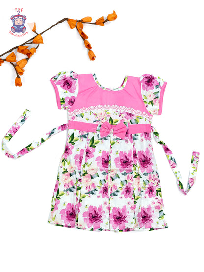 Pink & White Floral Printed - Girls Readymade Cotton Frocks