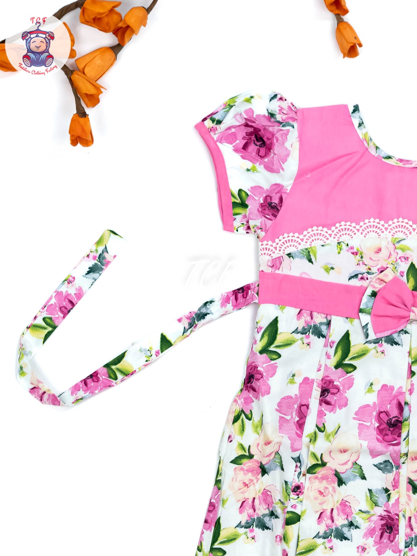 Pink & White Floral Printed - Girls Readymade Cotton Frocks