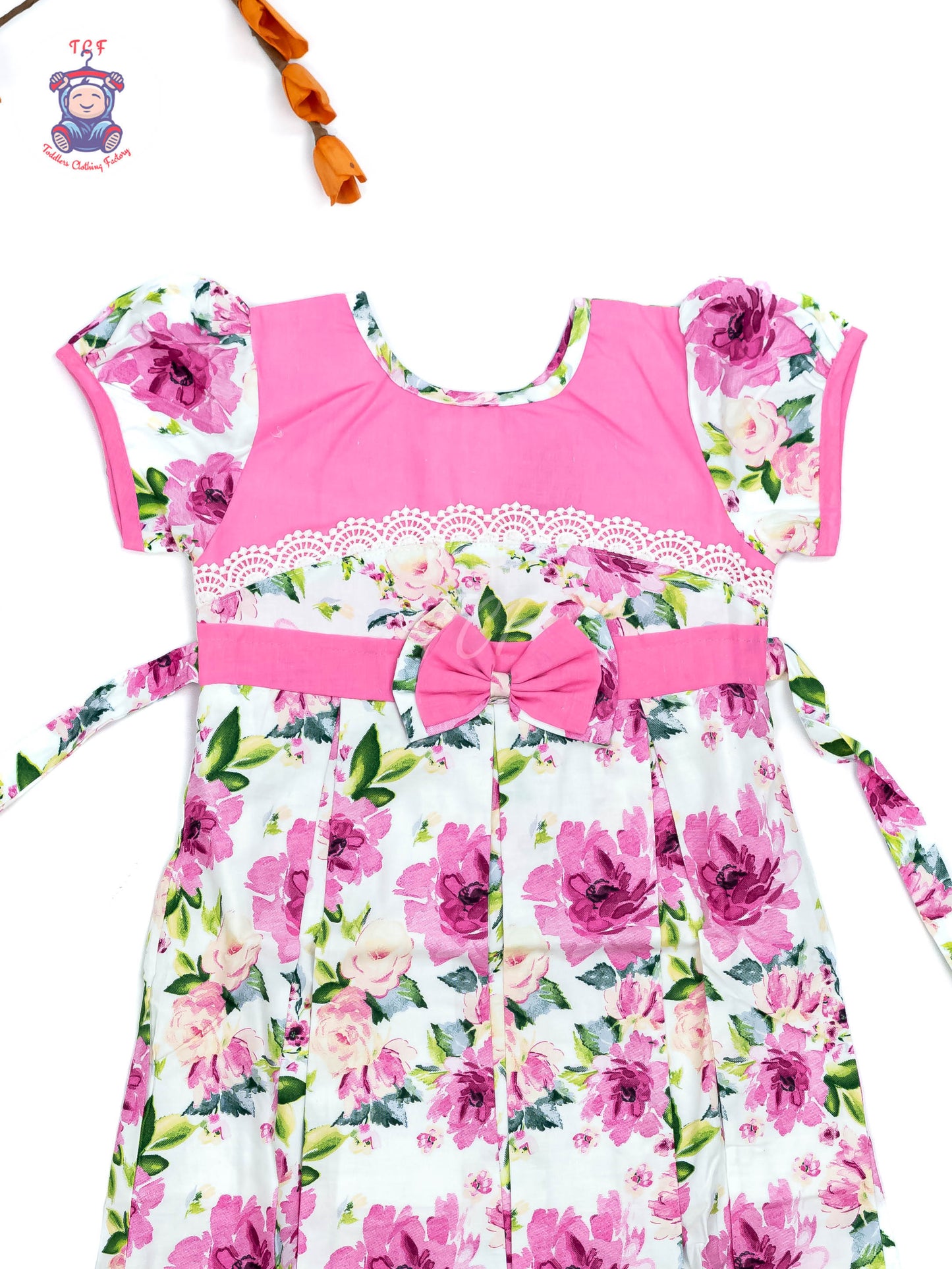 Pink & White Floral Printed - Girls Readymade Cotton Frocks