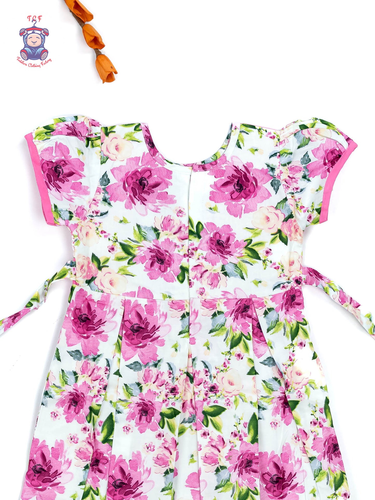 Pink & White Floral Printed - Girls Readymade Cotton Frocks