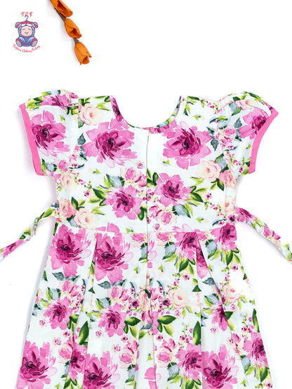 Pink & White Floral Printed - Girls Readymade Cotton Frocks