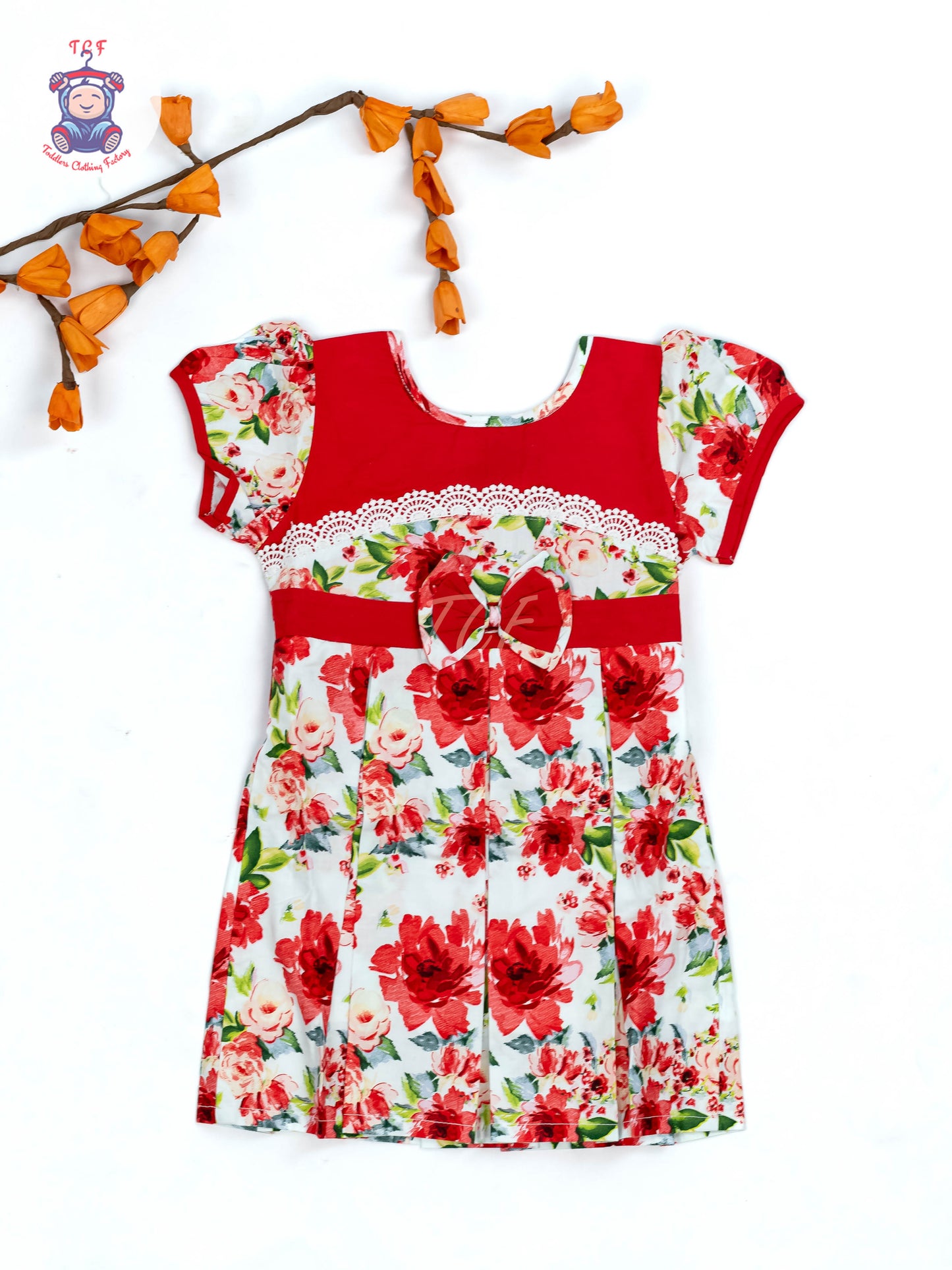 Red & White Floral Printed - Girls Readymade Cotton Frocks