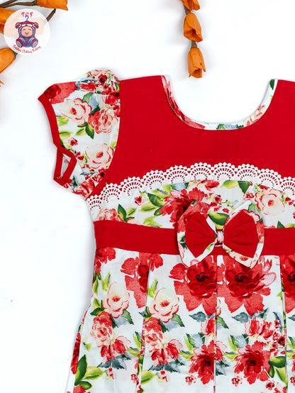 Red & White Floral Printed - Girls Readymade Cotton Frocks