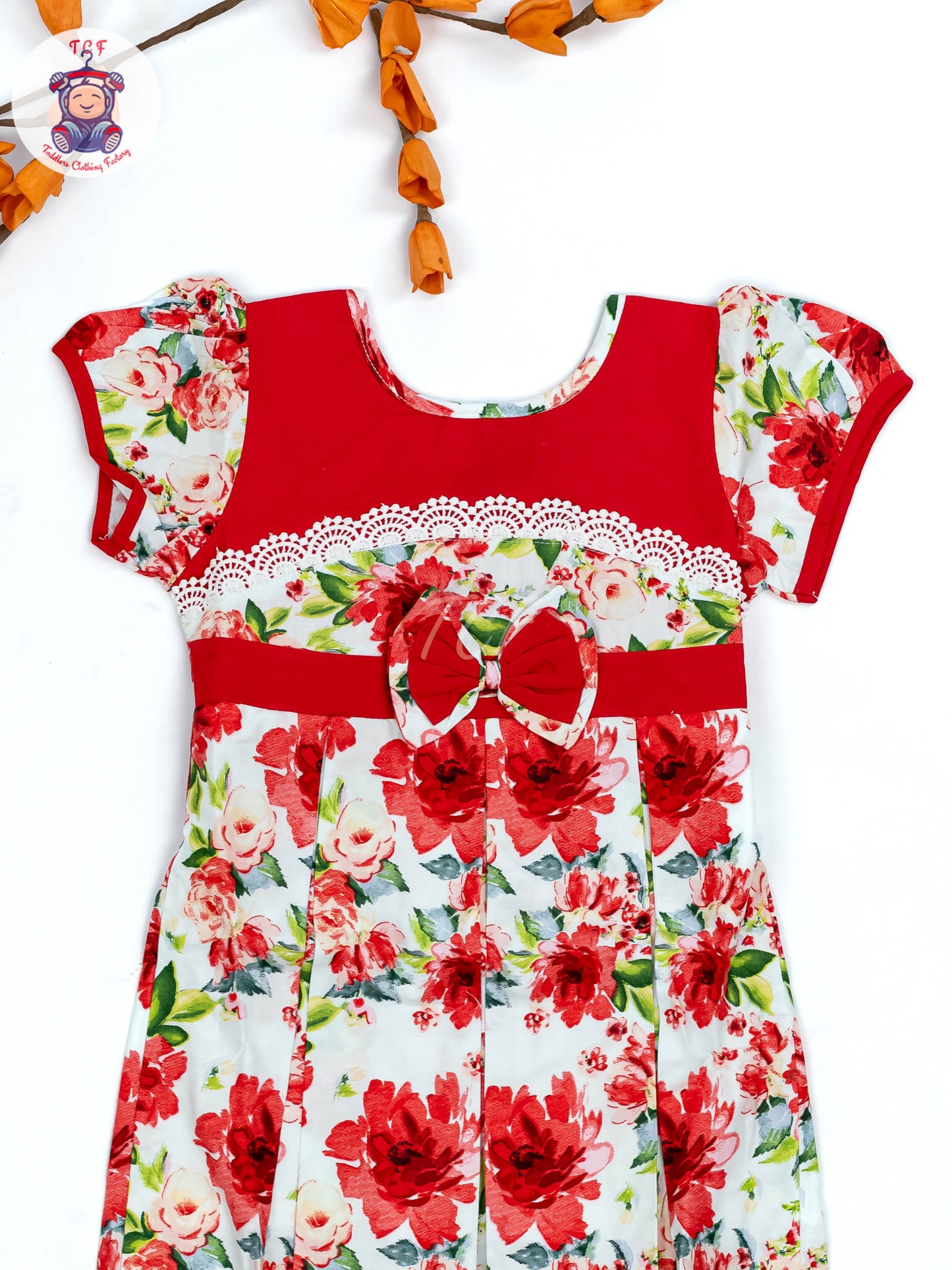Red & White Floral Printed - Girls Readymade Cotton Frocks