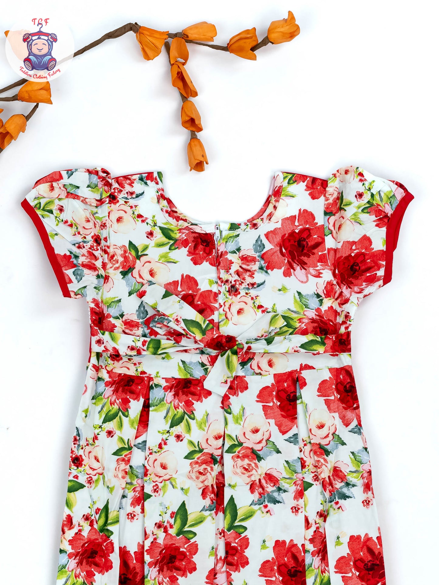 Red & White Floral Printed - Girls Readymade Cotton Frocks