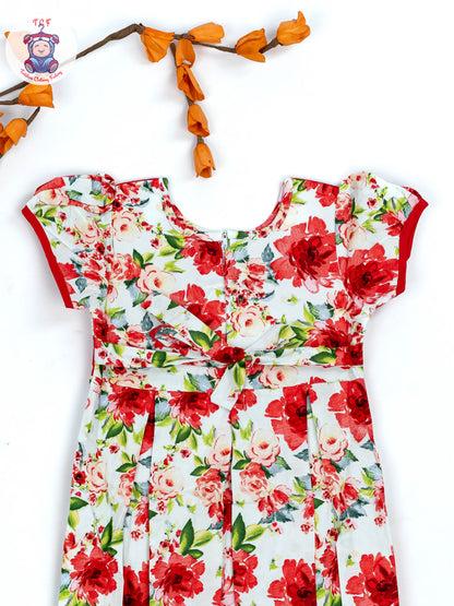 Red & White Floral Printed - Girls Readymade Cotton Frocks