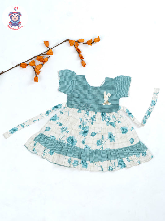 Light Blue & White Floral Printed - Girls Readymade Cotton Frocks