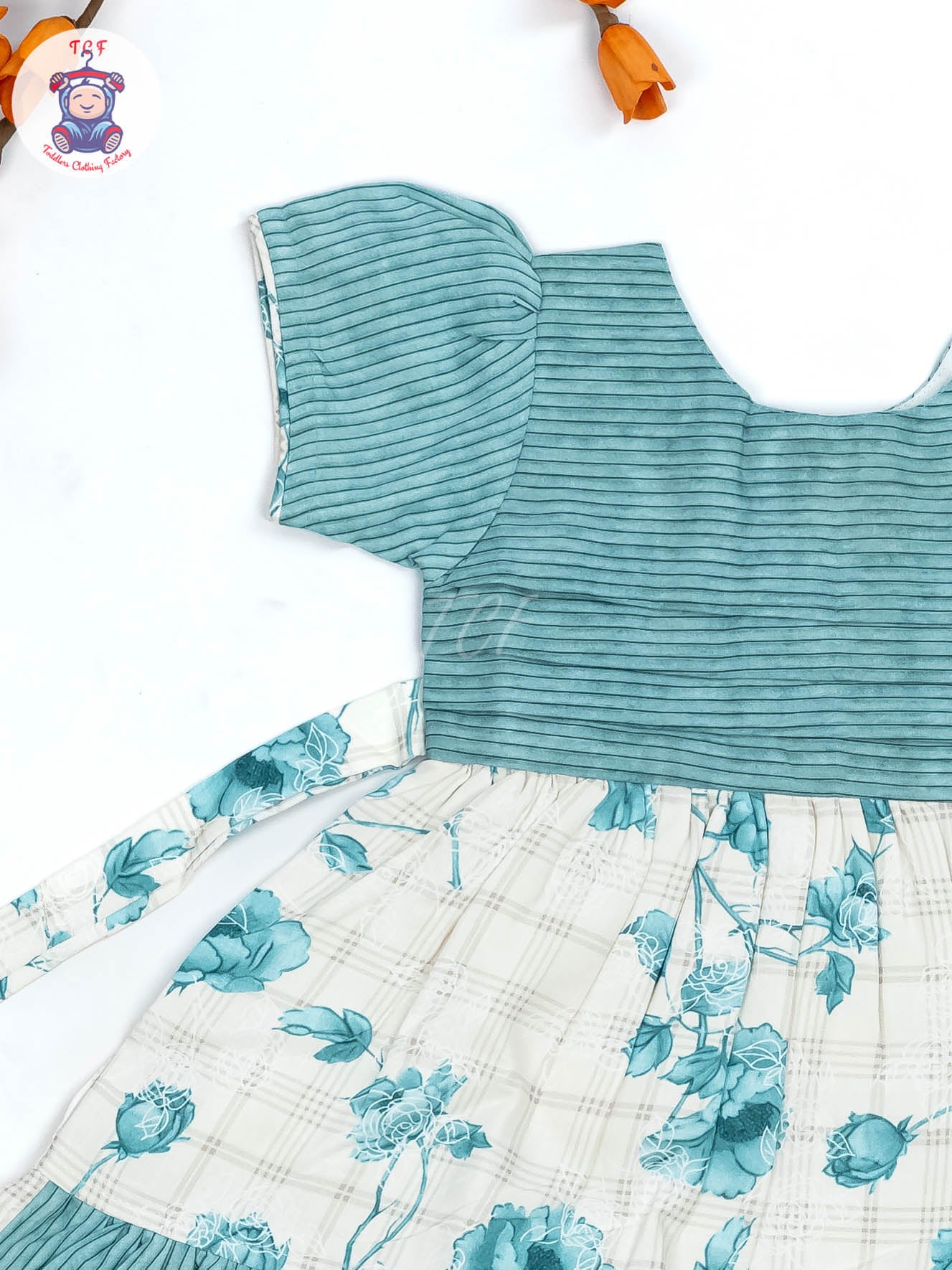 Light Blue & White Floral Printed - Girls Readymade Cotton Frocks
