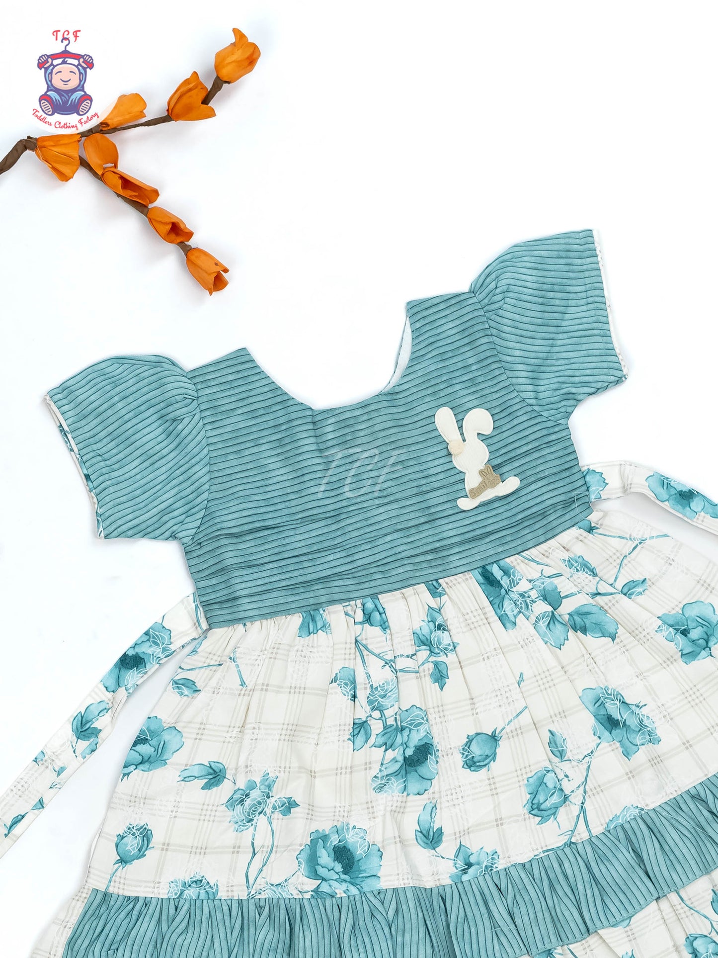 Light Blue & White Floral Printed - Girls Readymade Cotton Frocks
