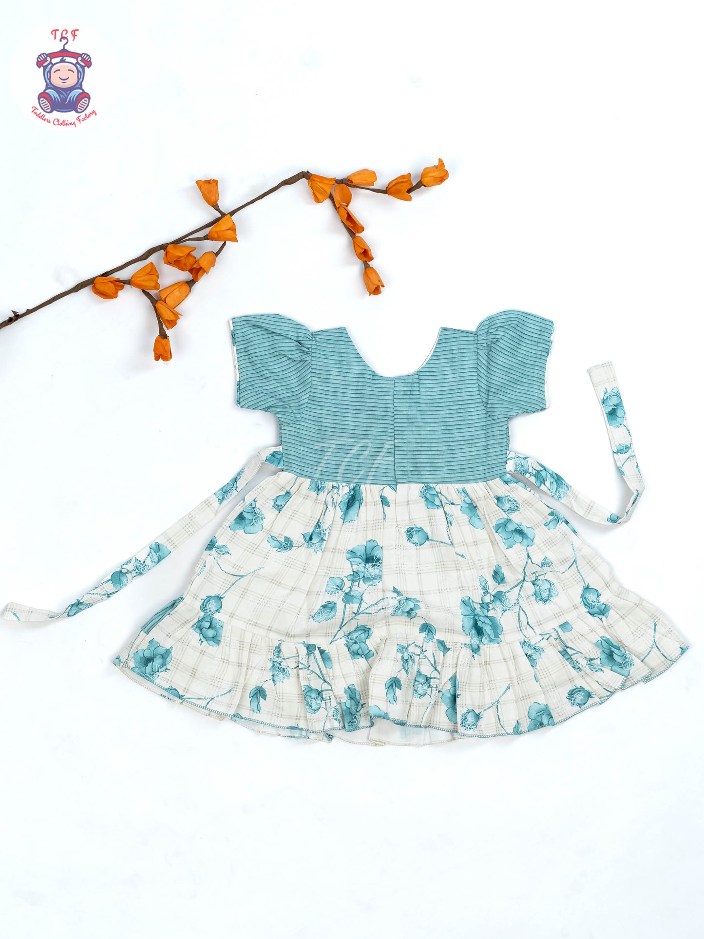 Light Blue & White Floral Printed - Girls Readymade Cotton Frocks