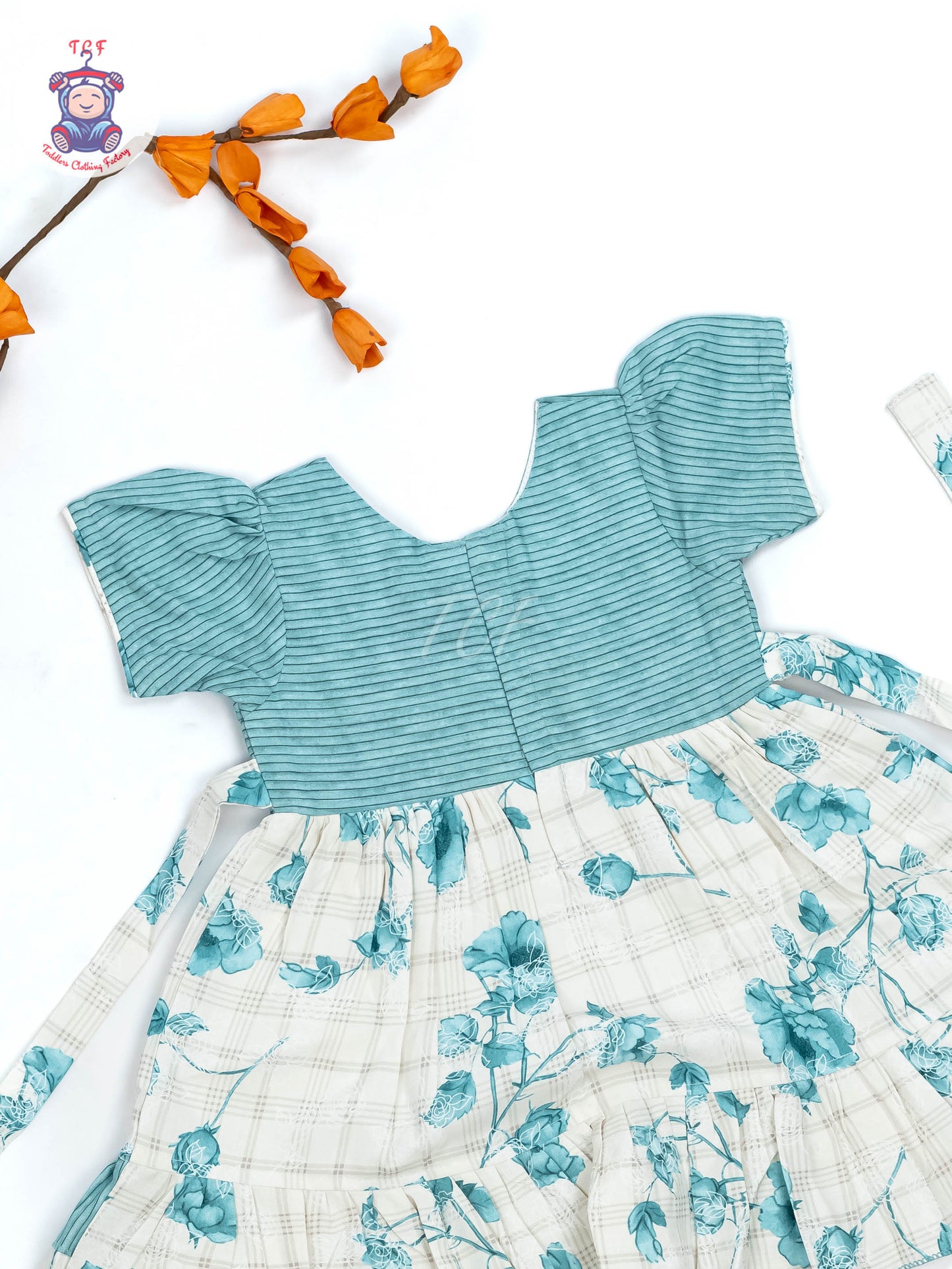 Light Blue & White Floral Printed - Girls Readymade Cotton Frocks