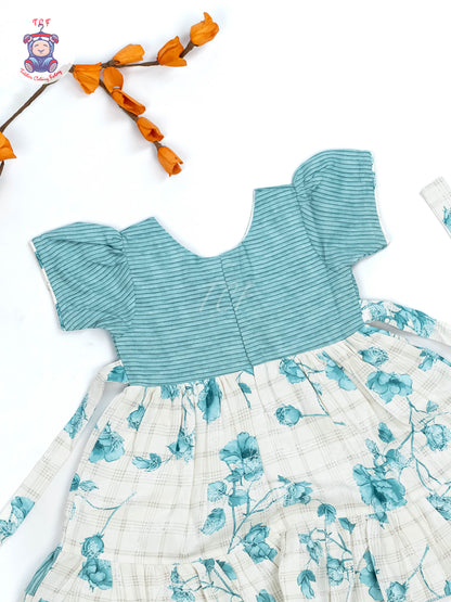 Light Blue & White Floral Printed - Girls Readymade Cotton Frocks