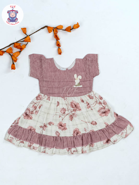 Onion Pink & White Floral Printed - Girls Readymade Cotton Frocks