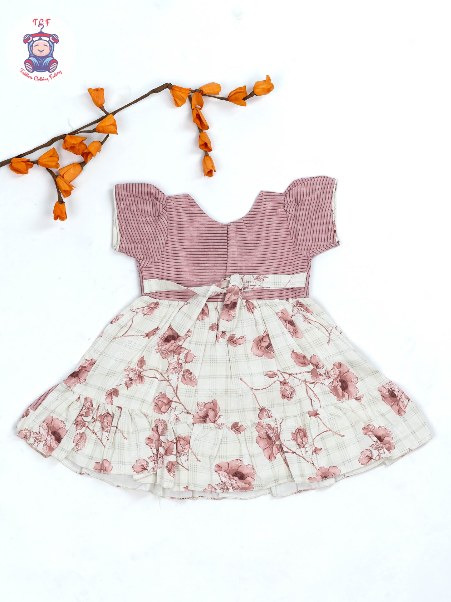 Onion Pink & White Floral Printed - Girls Readymade Cotton Frocks