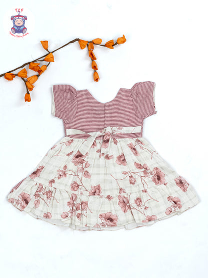 Onion Pink & White Floral Printed - Girls Readymade Cotton Frocks