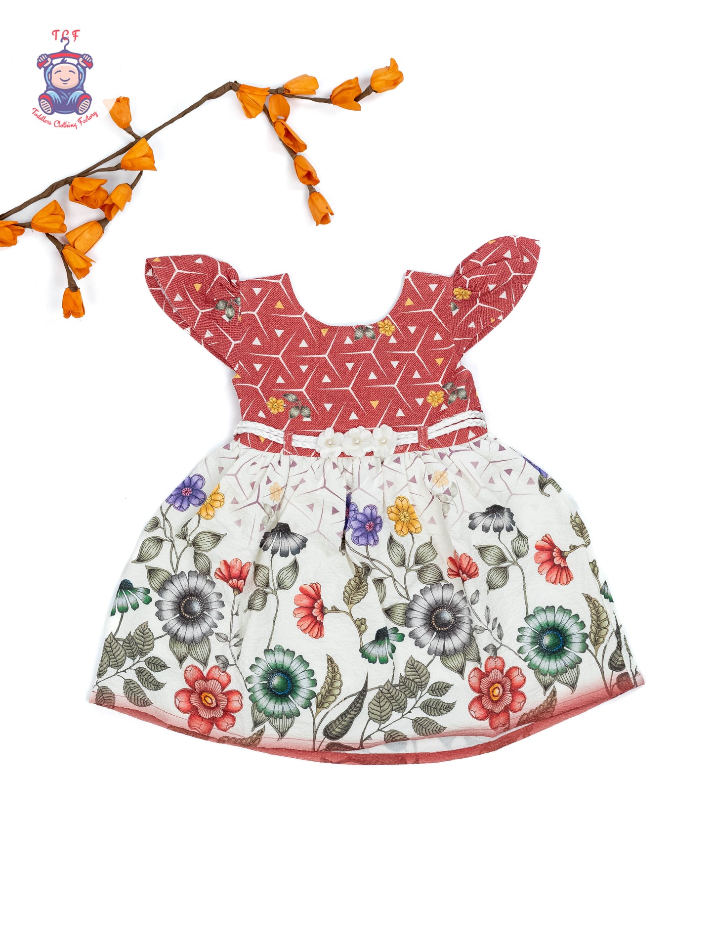 Red & White Floral Printed - Girls Readymade crinkled Cotton Frocks