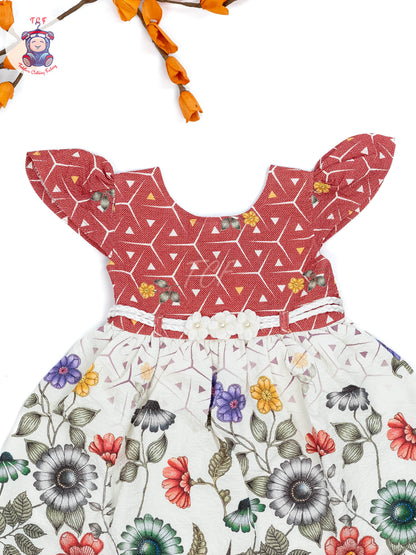 Red & White Floral Printed - Girls Readymade crinkled Cotton Frocks