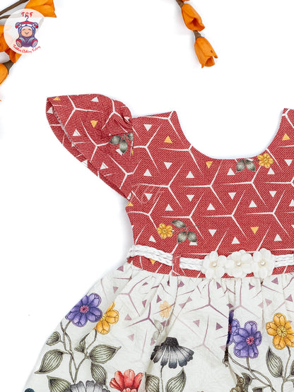 Red & White Floral Printed - Girls Readymade crinkled Cotton Frocks