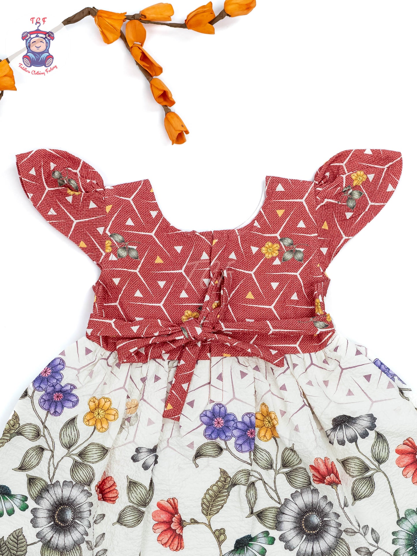 Red & White Floral Printed - Girls Readymade crinkled Cotton Frocks