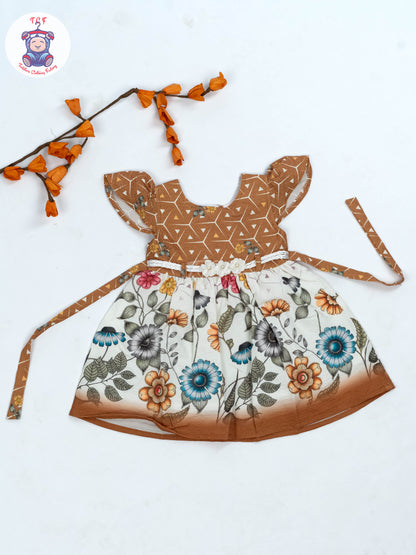 Brown & White Floral Printed - Girls Readymade crinkled Cotton Frocks