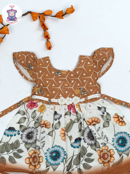 Brown & White Floral Printed - Girls Readymade crinkled Cotton Frocks