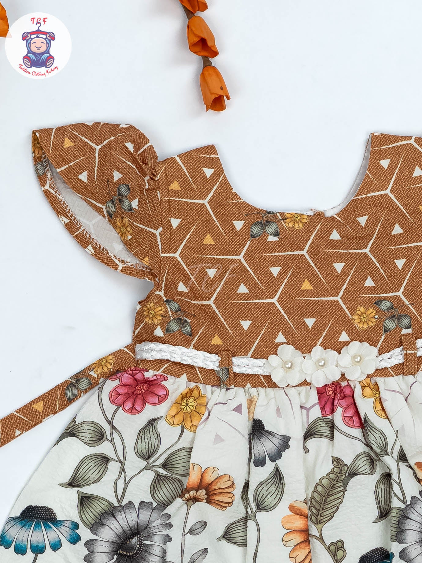 Brown & White Floral Printed - Girls Readymade crinkled Cotton Frocks