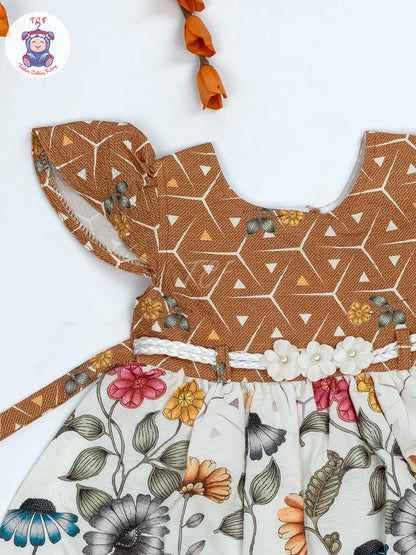Brown & White Floral Printed - Girls Readymade crinkled Cotton Frocks