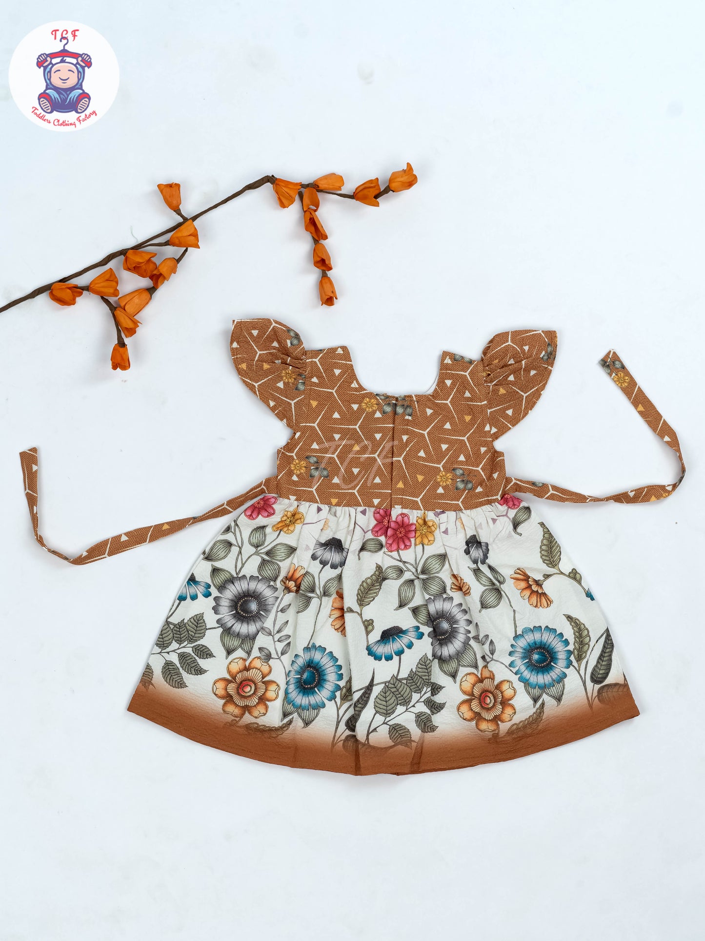 Brown & White Floral Printed - Girls Readymade crinkled Cotton Frocks