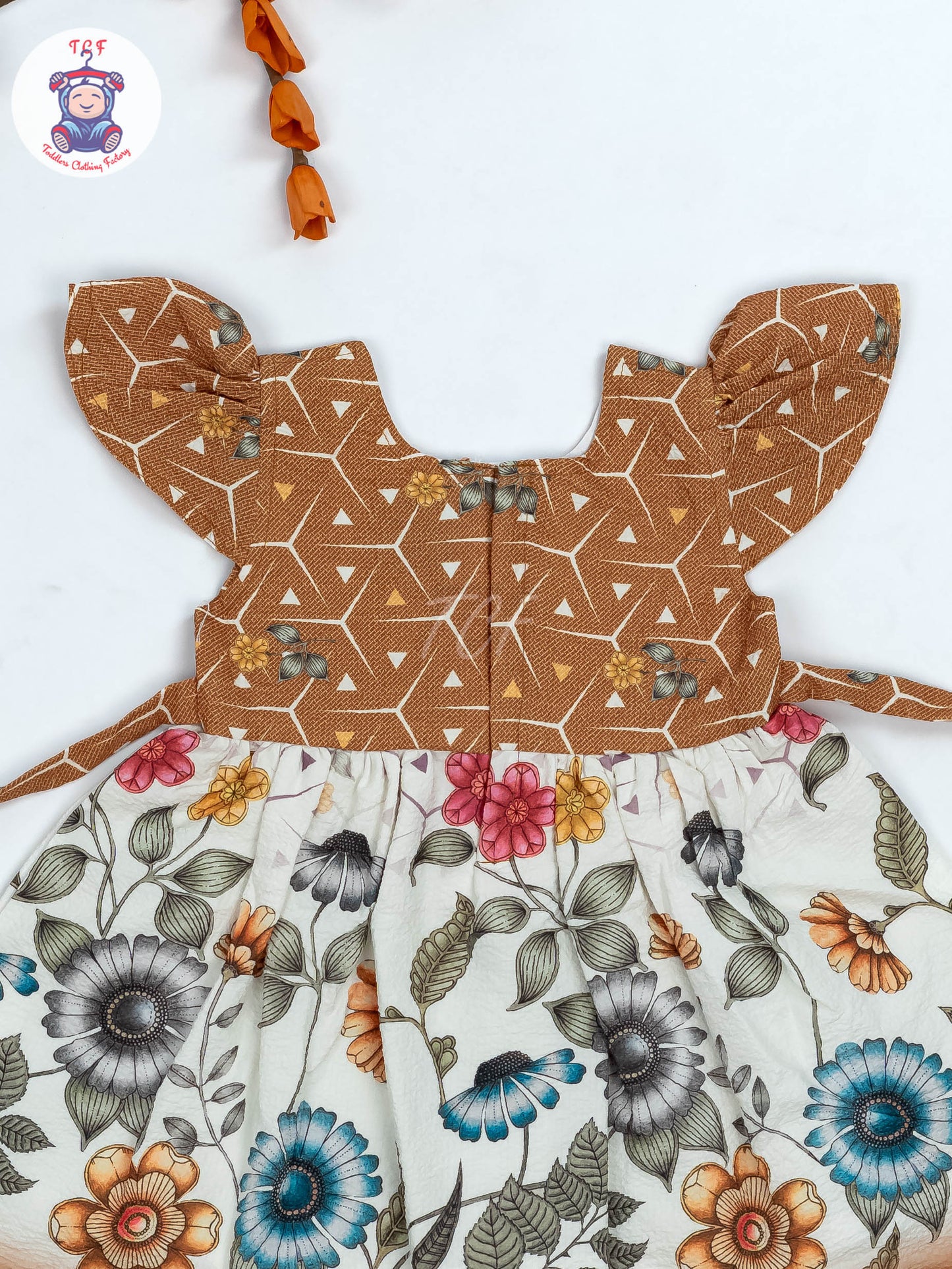 Brown & White Floral Printed - Girls Readymade crinkled Cotton Frocks