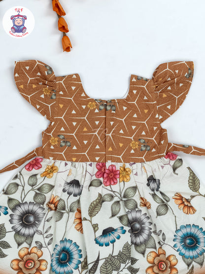 Brown & White Floral Printed - Girls Readymade crinkled Cotton Frocks