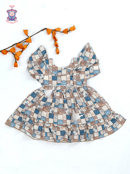 Brown & Blue Check - Girls Readymade Cotton Frocks