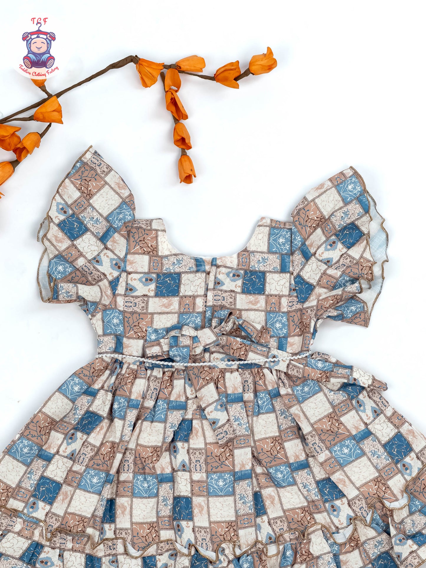 Brown & Blue Check - Girls Readymade Cotton Frocks