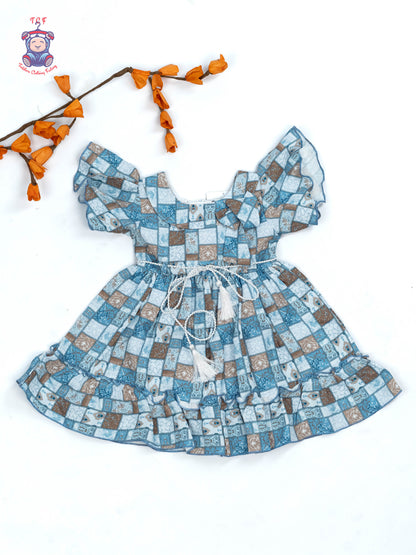 Brown & Blue Checks - Girls Readymade Cotton Frocks