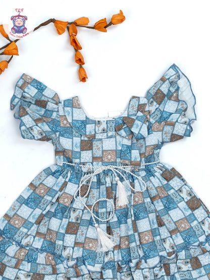 Brown & Blue Checks - Girls Readymade Cotton Frocks