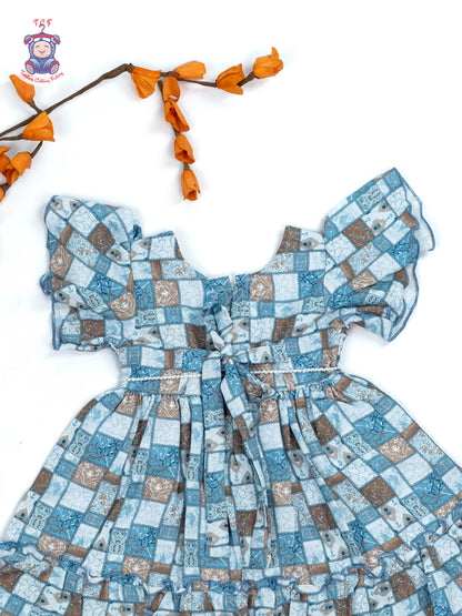 Brown & Blue Checks - Girls Readymade Cotton Frocks