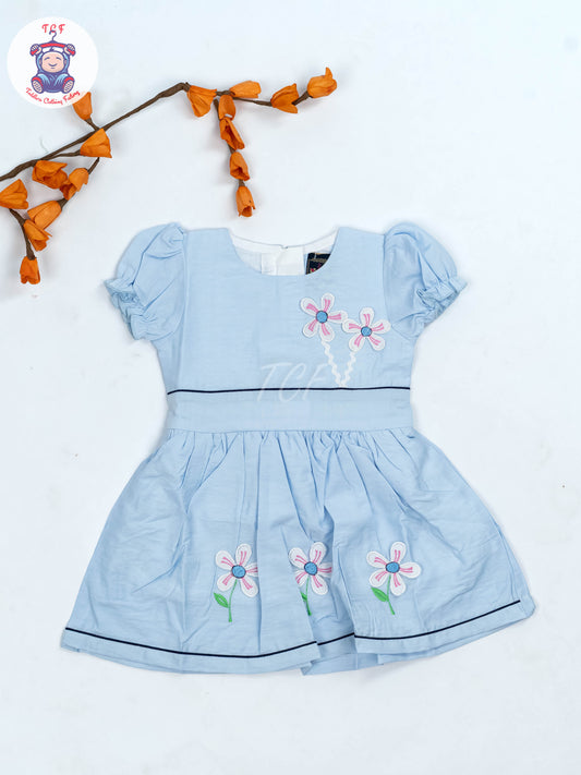 Sky Blue - Girls Readymade crinkled Cotton Frocks
