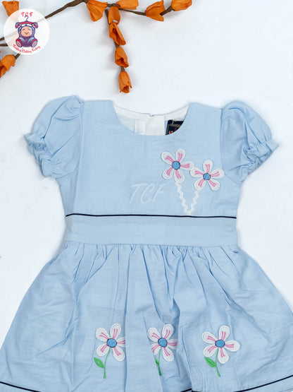 Sky Blue - Girls Readymade crinkled Cotton Frocks