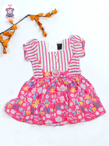 Pink & White Floral Printed - Girls Readymade Cotton Frocks