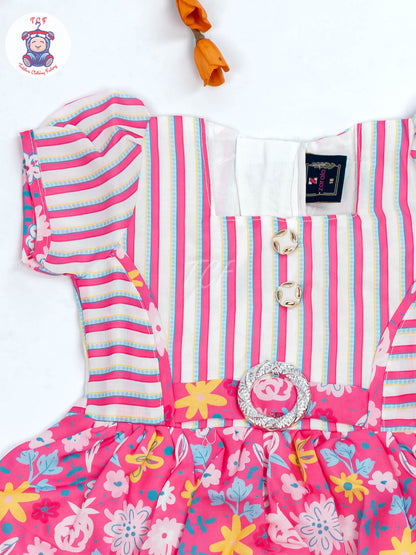 Pink & White Floral Printed - Girls Readymade Cotton Frocks