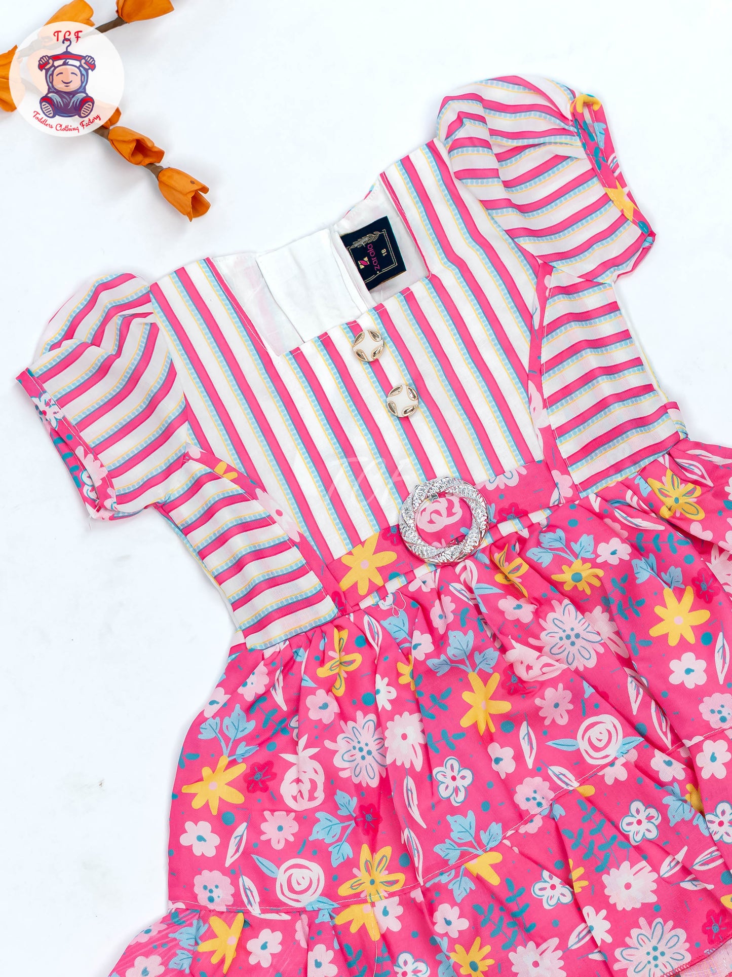Pink & White Floral Printed - Girls Readymade Cotton Frocks