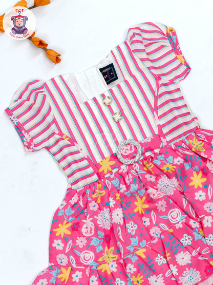 Pink & White Floral Printed - Girls Readymade Cotton Frocks