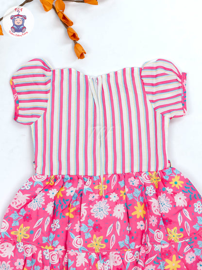 Pink & White Floral Printed - Girls Readymade Cotton Frocks