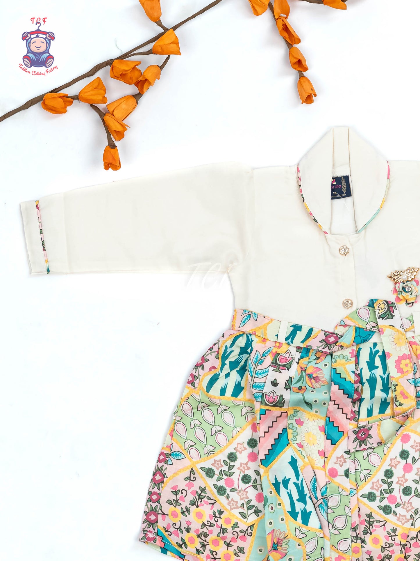 White & Light Green Floral Printed - Girls Readymade Cotton Frocks