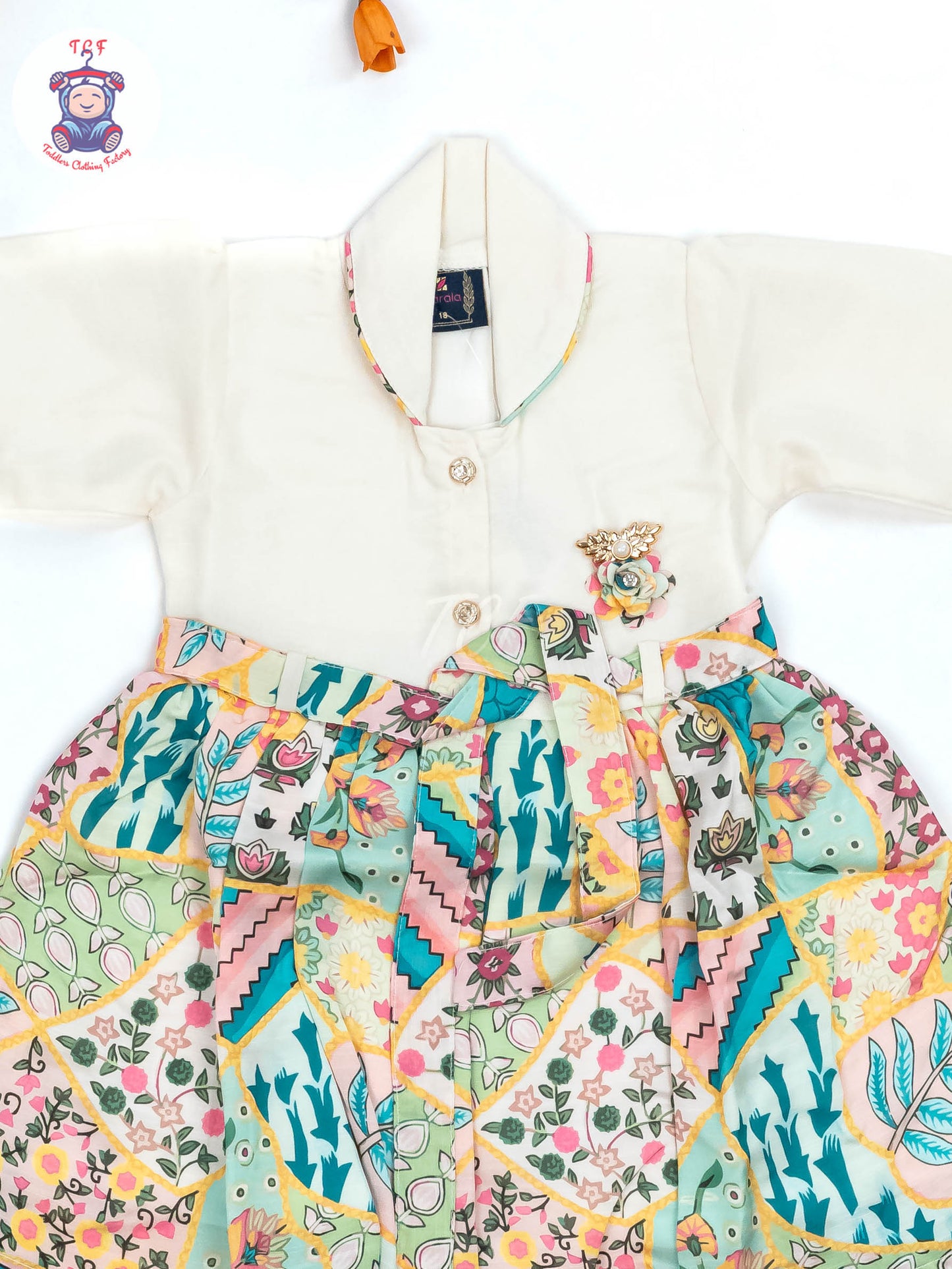 White & Light Green Floral Printed - Girls Readymade Cotton Frocks