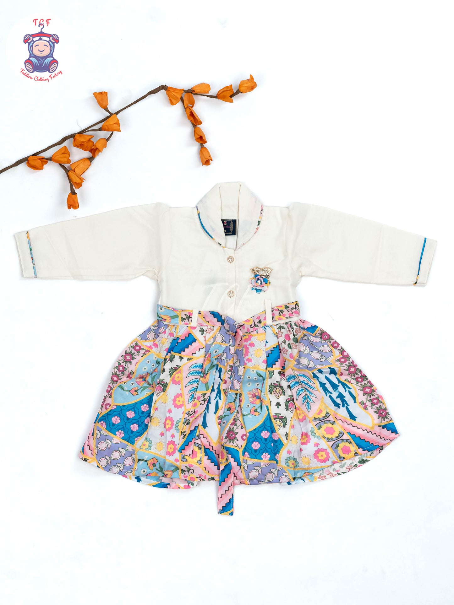 White & Blue Green Floral Printed - Girls Readymade Cotton Frocks
